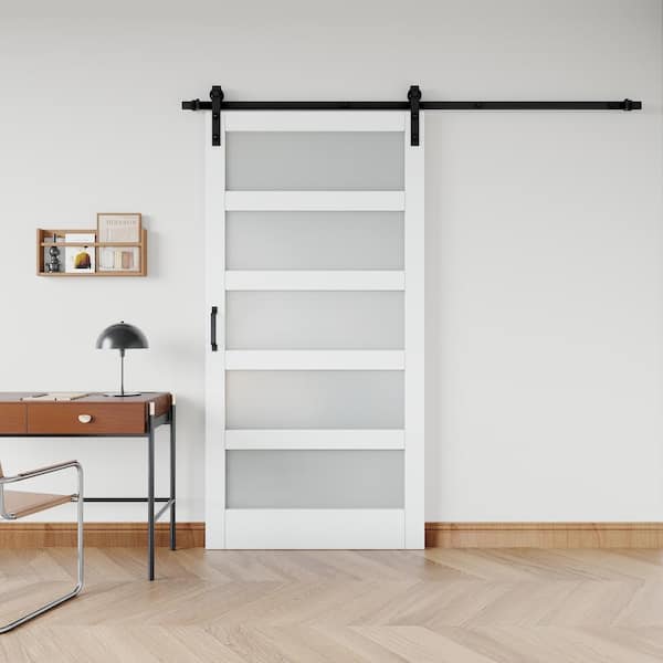 ARK DESIGN 42 in. x 84 in. 5-Lite Tempered Frosted Glass White MDF Barn Door Slab Without Hardware Kit