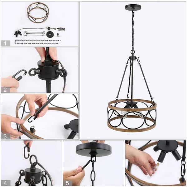 冷暖房/空調 ストーブ LNC Brown Drum Chandelier, 4-Light Black Cage Farmhouse Chandelier 