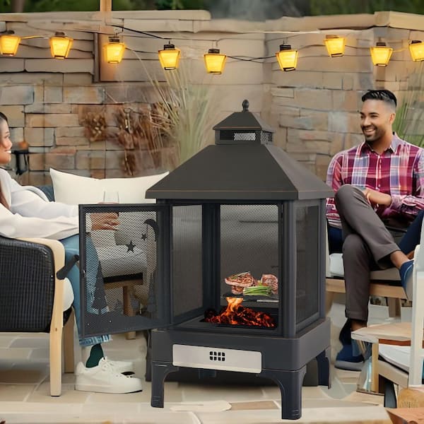 Unbranded 2 in. 1-Metal Outdoor Garden Square Heating Stove Fire Pit with Rotatable and Removable Stove Rack for Backyard Cooking