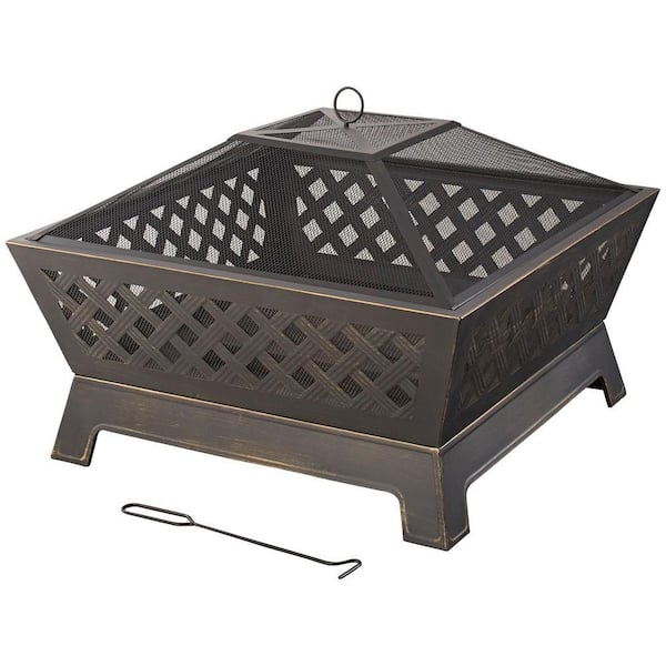 Tipton 34.00 in. W Rubbed Bronze Steel Wood Outdoor Fire Pit with Screen and Poker Included