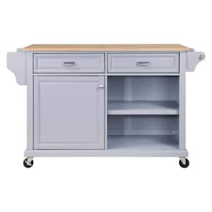 Gray Wood 57.5  in.. Kitchen Island with Storage Shelves, Rubber Wood Top, Adjustable Storage Shelves, 4-Wheels