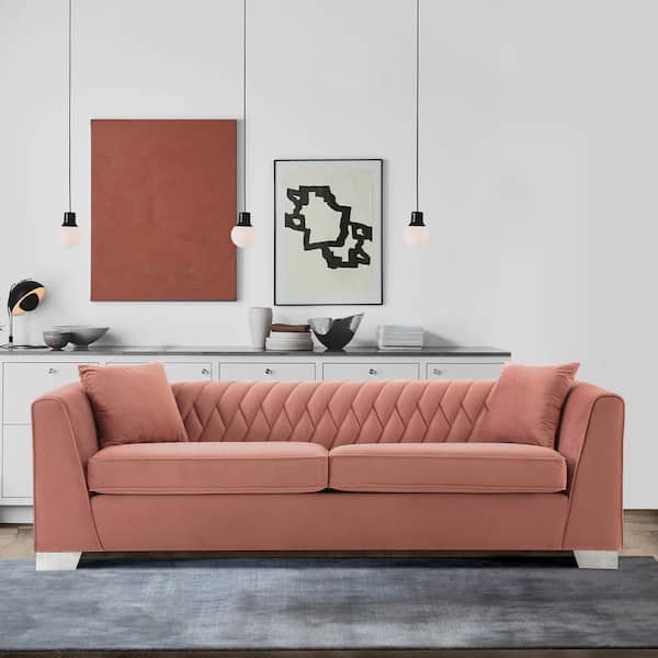 Armen Living Cambridge Blush Velvet Contemporary Sofa in Brushed Stainless Steel