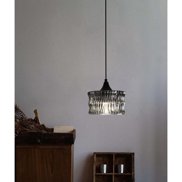 Mini 1-Light Smoked Gray Mini Pendant Light with Textured Water-Ripple Glass Shade and E26 Bulb Not Included