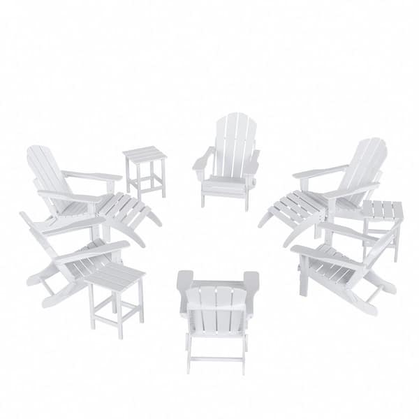 Addison White 12-Piece HDPE Plastic Folding Adirondack Chair Patio Conversation Seating Set with Ottoman and Table