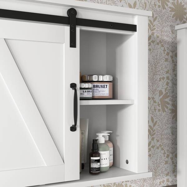 27-in W x 7.8-in D x 20-in H in MDF Ready to Assemble Wall Bathroom Medicine Cabinet in White with Sliding Barn Door