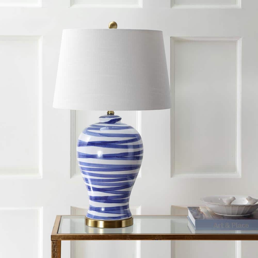 Joelle 29" Blue and White Ceramic Table Lamp with Cotton Shade