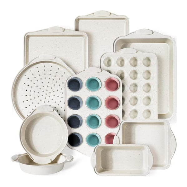 22-Piece Nonstick Baking Pan Set, Stackable Bakeware with Silicone Handles, Oven Safe Cookie Sheets, Cream