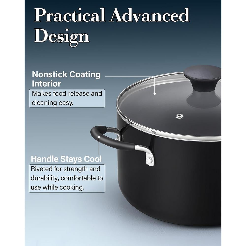 6-Quart Black Aluminum Nonstick Stockpot with Glass Lid