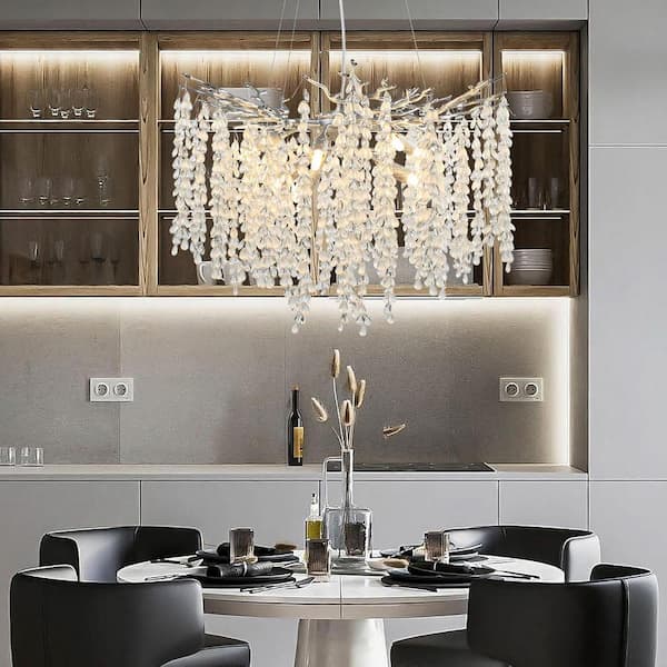 24" 8-Light Modern Crystal Chandelier Silver Tree Branch Round Chandelier for Dining Room Living Room Bedroom, Entryway