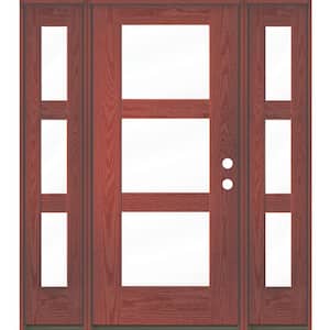 BRIGHTON Modern 64 in. x 80 in. 3-Lite Left-Hand Inswing Clear Glass Redwood Stain Fiberglass Prehung Front Door DSL