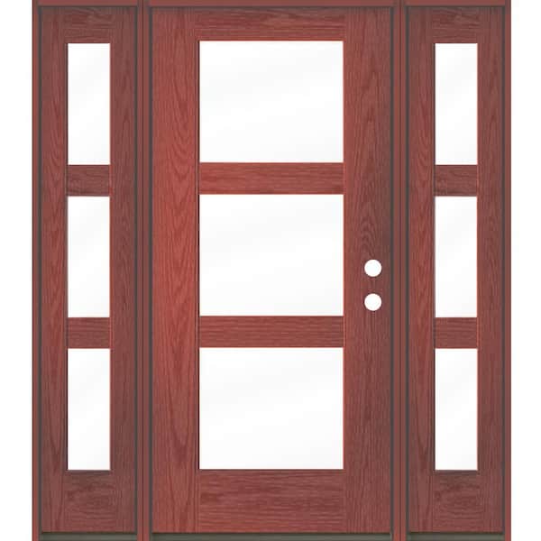 Krosswood Doors BRIGHTON Modern 64 in. x 80 in. 3-Lite Left-Hand Inswing Clear Glass Redwood Stain Fiberglass Prehung Front Door DSL