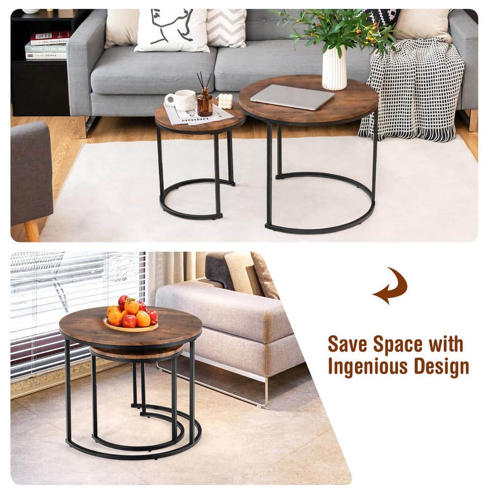 Rustic Brown Round Wood and Steel Nesting Tables Set