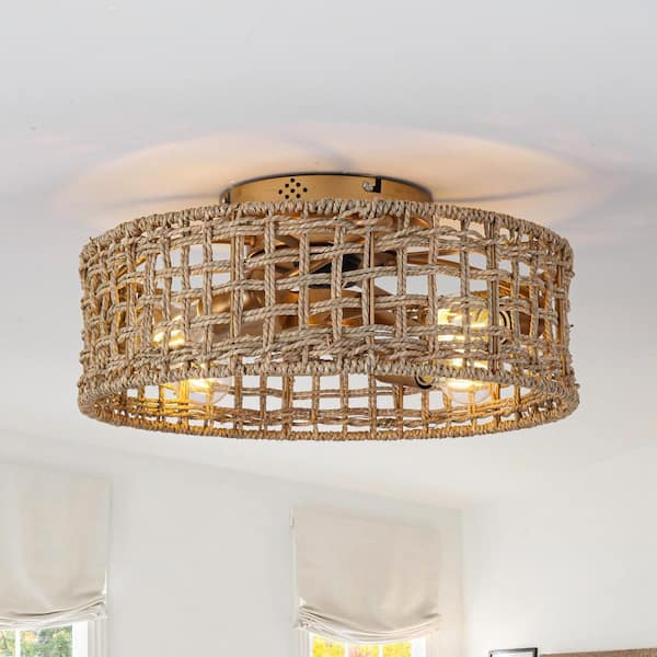 17.72 in. 4-Light Indoor Gold Flush Mount Hemp Rope Ceiling Fan with Light Kit and Remote Control