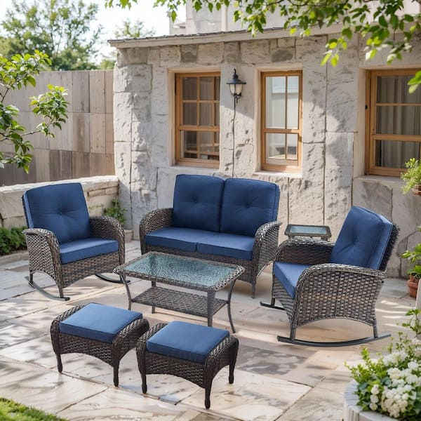 SleekArm 7-Piece Brown Wicker Patio Conversation Set with Blue Cushion, Loveseat with Rocking Chairs and Ottomans