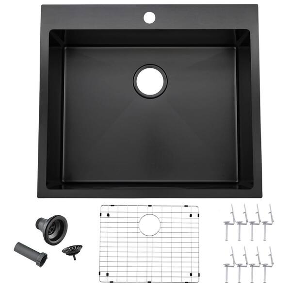 25 in. Drop-In Single Bowl 16 Gauge Black Handmade Stainless Steel Topmount Kitchen Bar Sink with Accessories