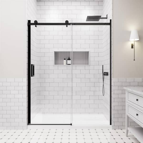 56-60 in. W x 74 in. H Single Sliding Semi-Frameless Shower Door in Matte Black with 5/16 in. Tempered Clear Glass