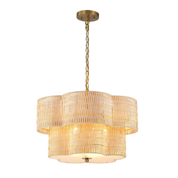 20 in. 5 Light Bronze Tier Shape Woven Natural Rattan Shade Chandelier for Living Room Foyer with No Bulb Included
