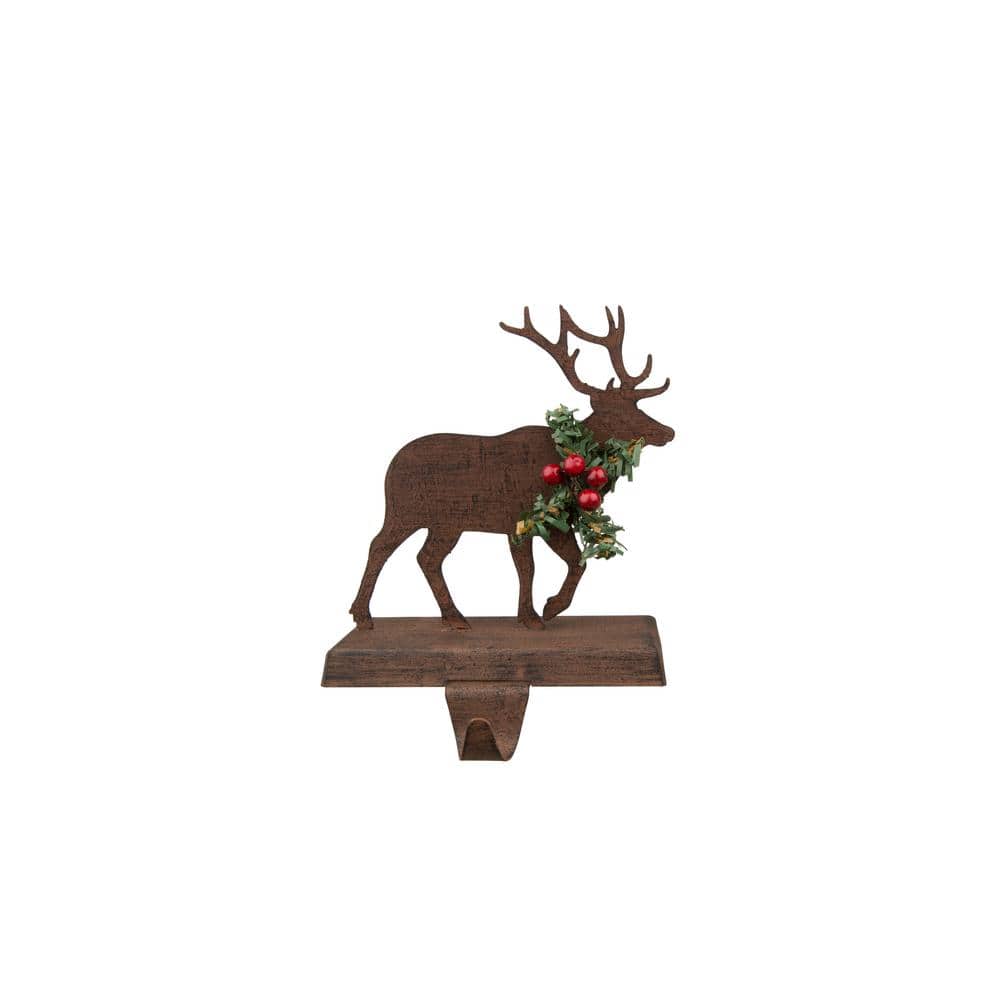 6.5" Brown and Green Wooden and Metal Reindeer Stocking Holder