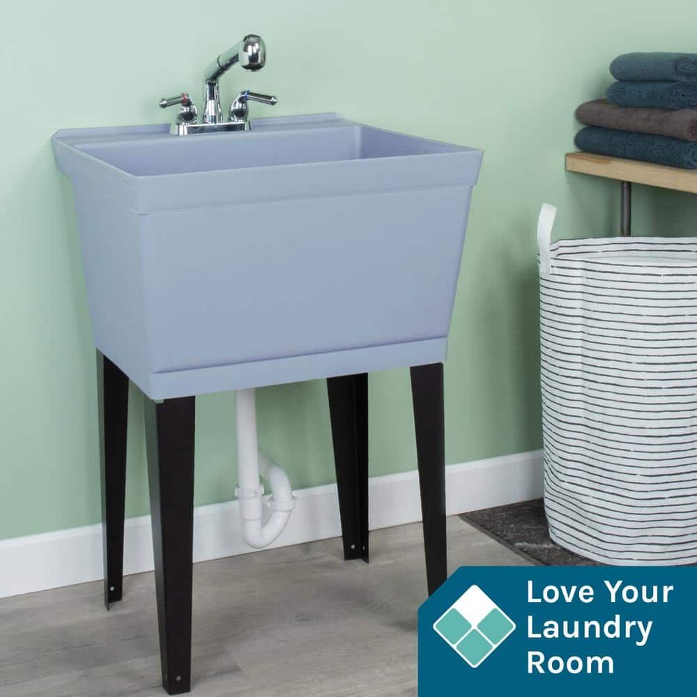 Gray Freestanding Utility Sink with Chrome Faucet and Metal Legs