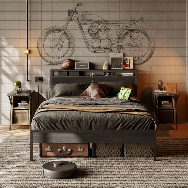 Bestier Black Metal Frame Queen Size Platform Bed with Charge Station and Storage Headboard and LED Lights