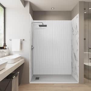 60 in. L x 32 in. W x 84 in. H Alcove Solid Composite Stone Shower Kit w/Waves/Carrara Walls & L/R White Shower Pan Base