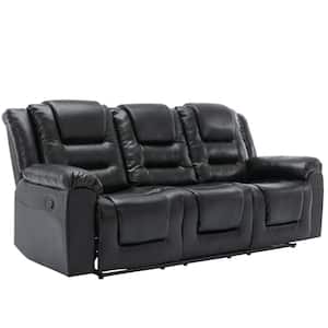 84.2 in. W Black Modern Rounded Arm PU Leather Rectangle 3-Seat Straight Sofa, Home Theater Seating Manual Recliner
