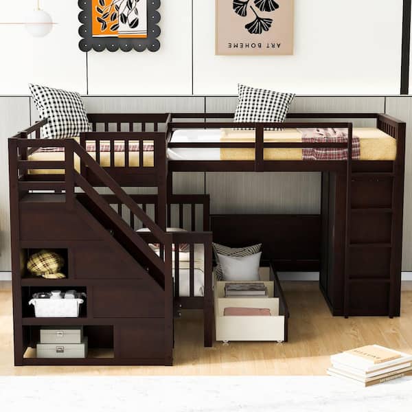 Espresso Twin-Twin Over Full L-Shaped Bunk Bed with 3-Drawers, Portable Desk and Wardrobe