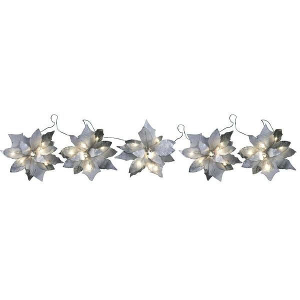 Unbranded 30-Light Battery Operated LED White 5-Poinsettia Flower Garland