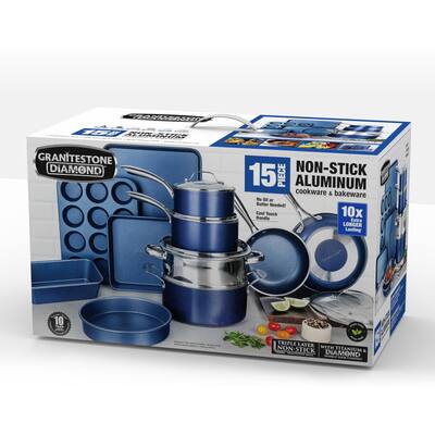 Classic Blue 15-Piece Aluminum Ultra-Durable Non-Stick Diamond Infused Cookware and Bakeware Set