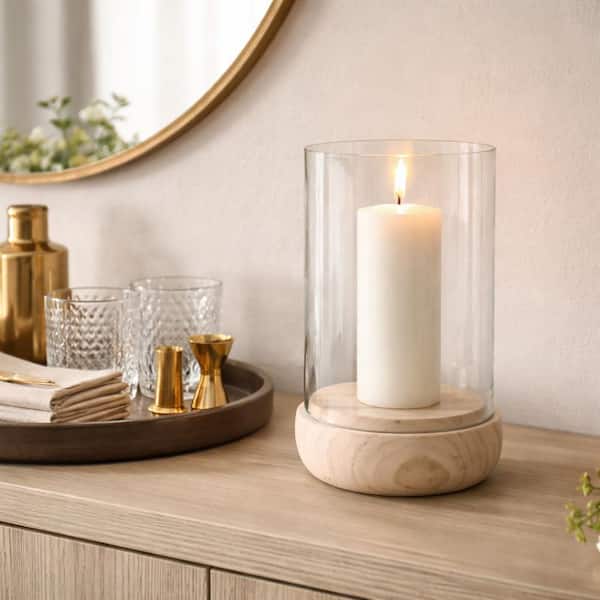 9.75 in. Ivory/Beige Glass Small Cylinder Hurricane Candle Holder with Marble Base