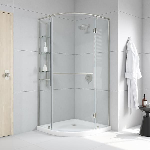 Glamour 38 in. x 73.90 in. Semi-Frameless Pivot Corner Shower Door in Satin Nickel with 38 in. x 38 in. Base in White