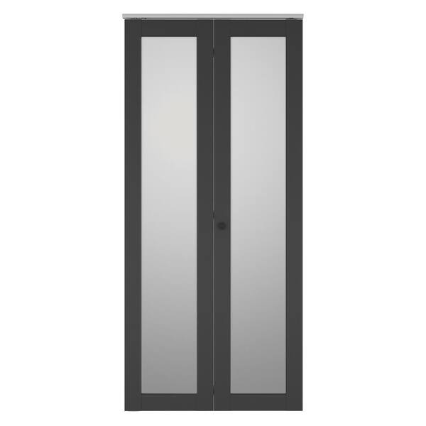 CALHOME 30 in. x 80 in. Full Lite Frosted Glass Black MDF Bi-Fold Door with Hardware Kit and Door Handle