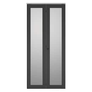 36 in. x 80 in. Full Lite Frosted Glass Black MDF Bi-Fold Door with Hardware Kit and Door Handle