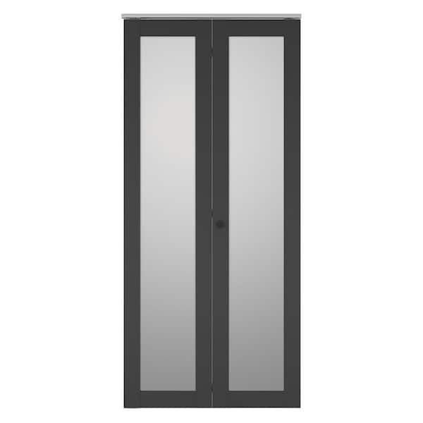 CALHOME 36 in. x 80 in. Full Lite Frosted Glass Black MDF Bi-Fold Door with Hardware Kit and Door Handle