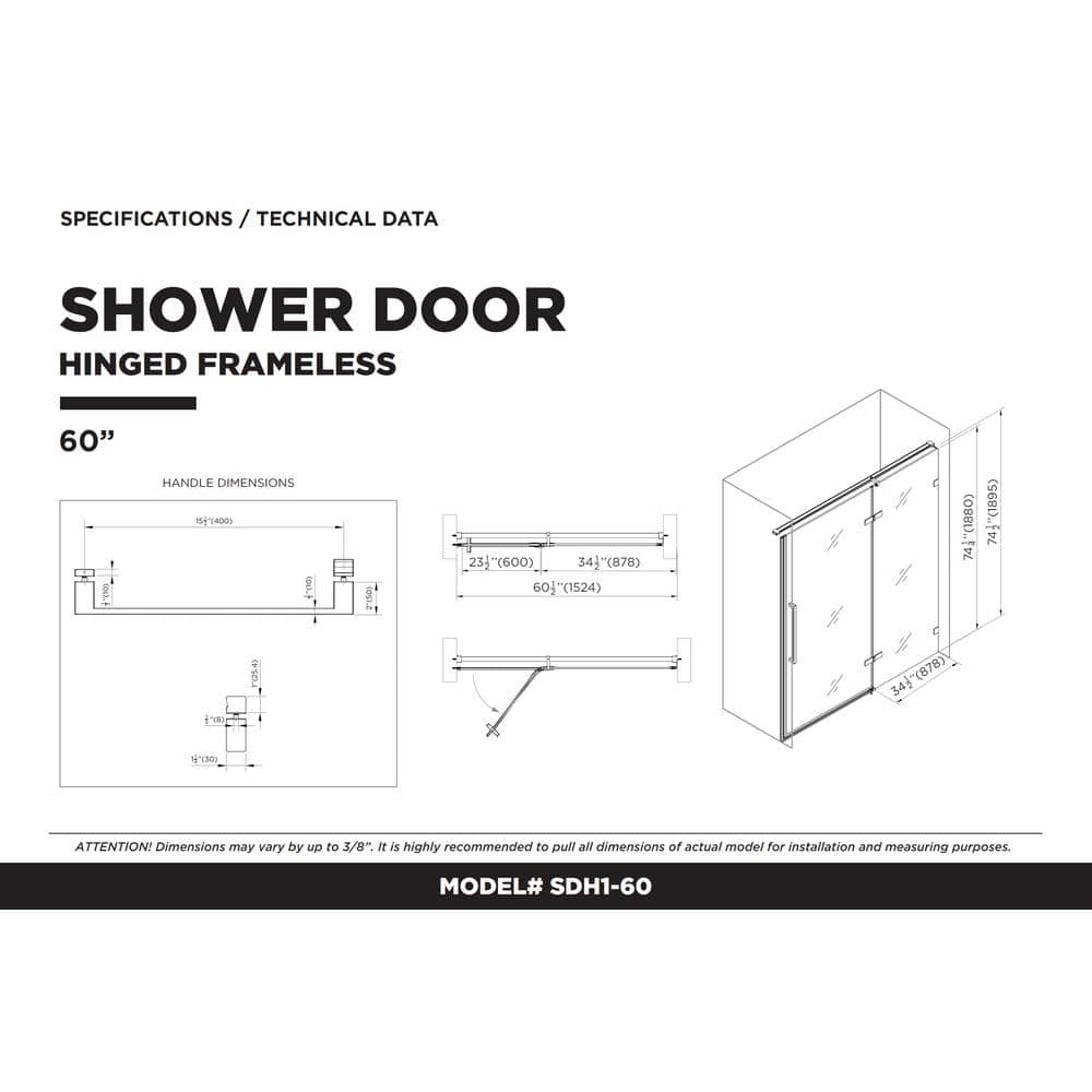 60'' Clear Tempered Glass Hinged Frameless Shower Door with Chrome Finish