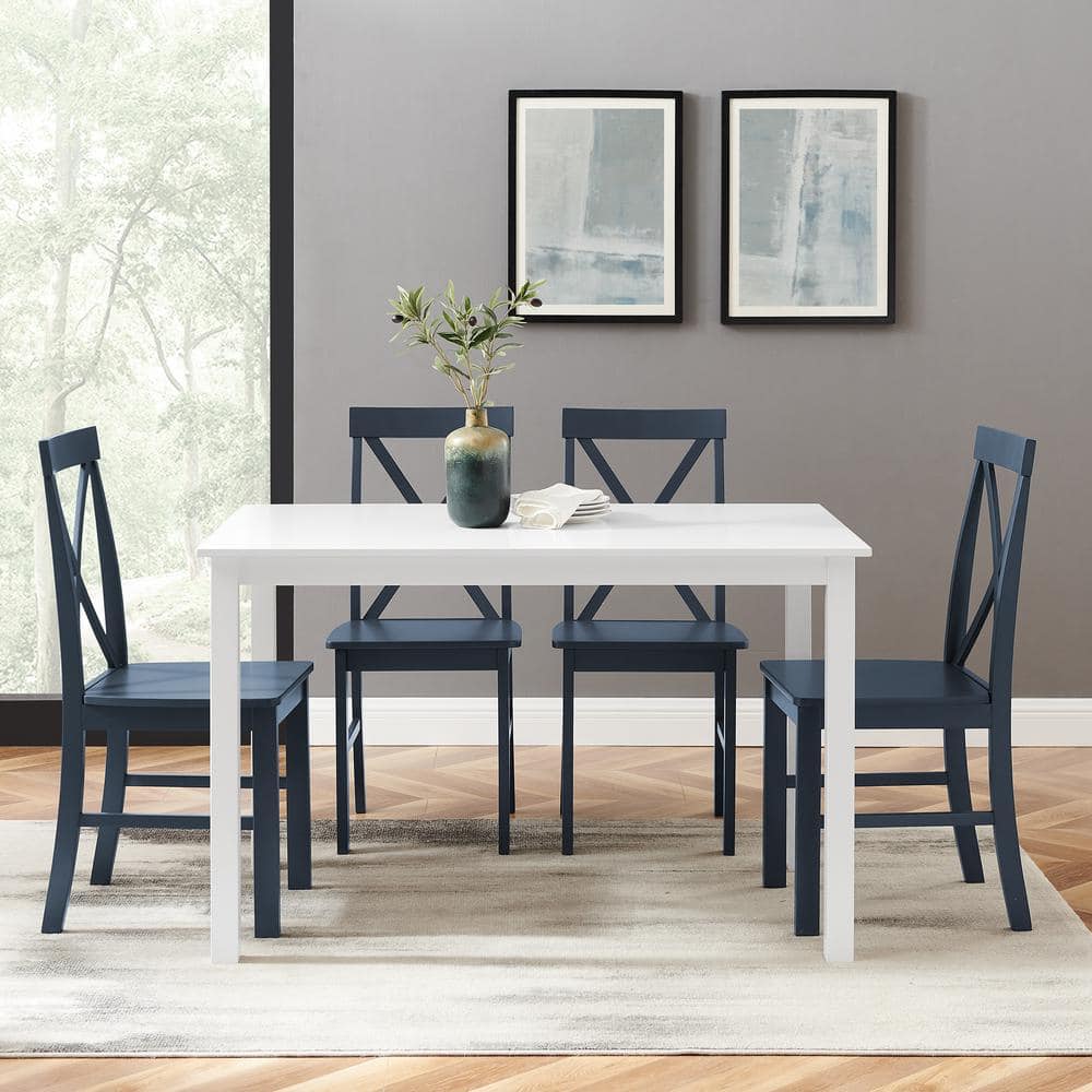 White and Navy X-Back Farmhouse Dining Set with 4 Chairs