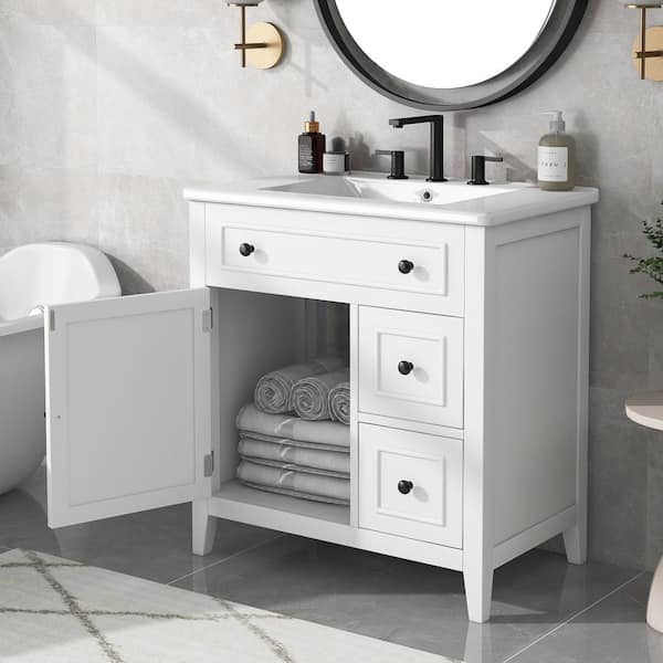 30 in. W Freestanding Bath Vanity in White with White Ceramic Top, Door and 2-Drawers, Solid Wood Frame