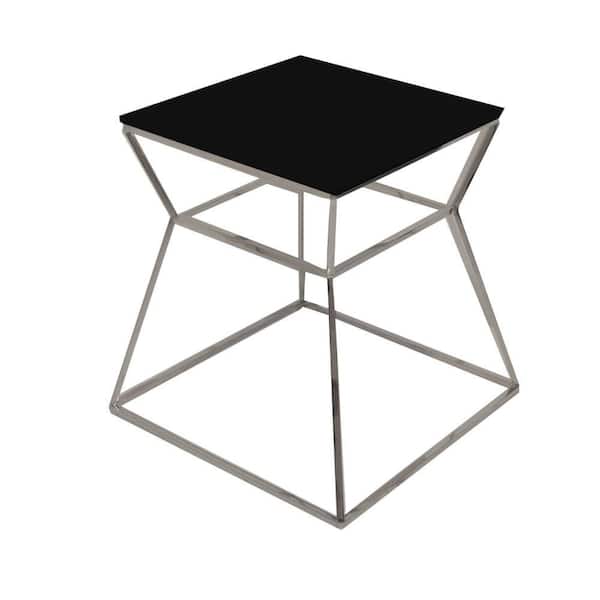 Benjara 18 in. Black and Silver Square Glass End Table with Open Hourglass Frame