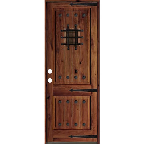 Krosswood Doors 30 in. x 96 in. Mediterranean Knotty Alder Sq. Top Red Chestnut Stain Right-Hand Inswing Wood Single Prehung Front Door