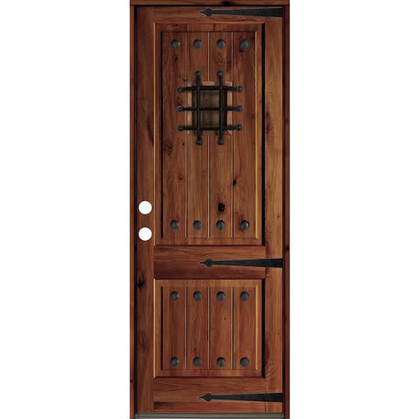 Krosswood Doors 32 in. x 96 in. Mediterranean Knotty Alder Sq. Top Red Chestnut Stain Right-Hand Inswing Wood Single Prehung Front Door