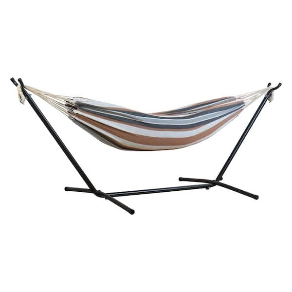 KOZYARD 10 ft. Portable Hammock with Space Saving Steel Stand, Red Stripe Fabric and Carry Bag (Khaki Stripe)