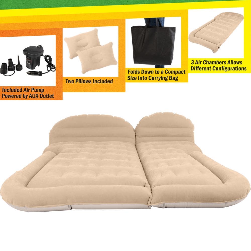 Beige Inflatable Car Air Mattress with Pump and Pillows