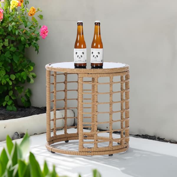 BFB Patio Wicker Side Table, Brown Rattan Round Glass Top Wicker Coffee Table Storage Table