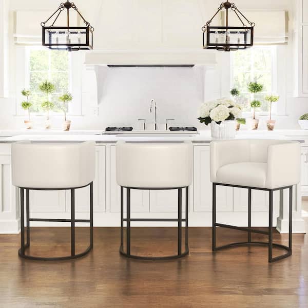 LUE BONA 26 in. Antique-White Low Back Bar Stool with Black Metal Frame Counter Height Faux Leather Counter Stool (Set of 3)