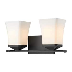 Darcy 16 in. 2-Light Matte Black Vanity-Light with Etched Opal Glass Shades