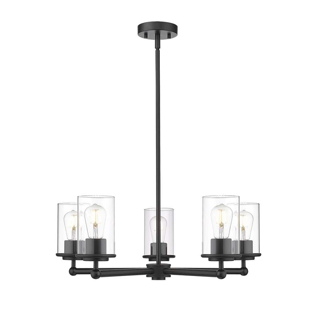 Thayer 26 in. 5-Light Matte Black Chandelier with Clear Glass Shades