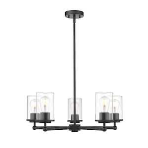 Thayer 26 in. 5-Light Matte Black Chandelier with Clear Glass Shades