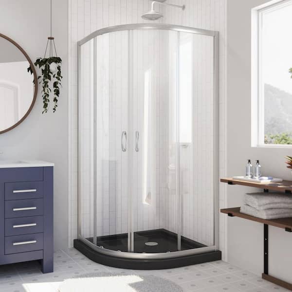 DreamLine Prime 36 in. x 74-3/4 in. Semi-Frameless Sliding Corner Shower Kit in Brushed Nickel with Black Base
