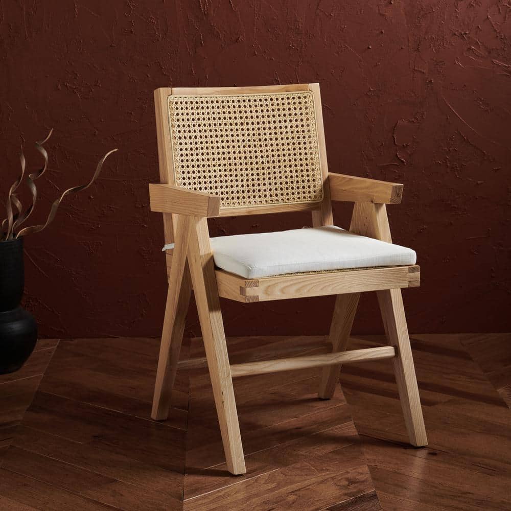 Colette 23" Natural Ash Wood & Rattan Armchair with White Cushion