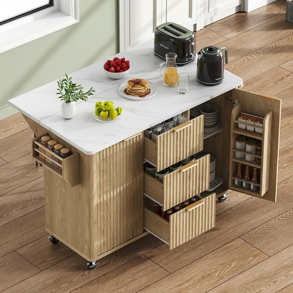 Cesicia Farmhouse Natural Wood 55.5 in. Power Outlet Drop Leaf Rolling Fluted Kitchen Storage Island with Adjustable Shelves